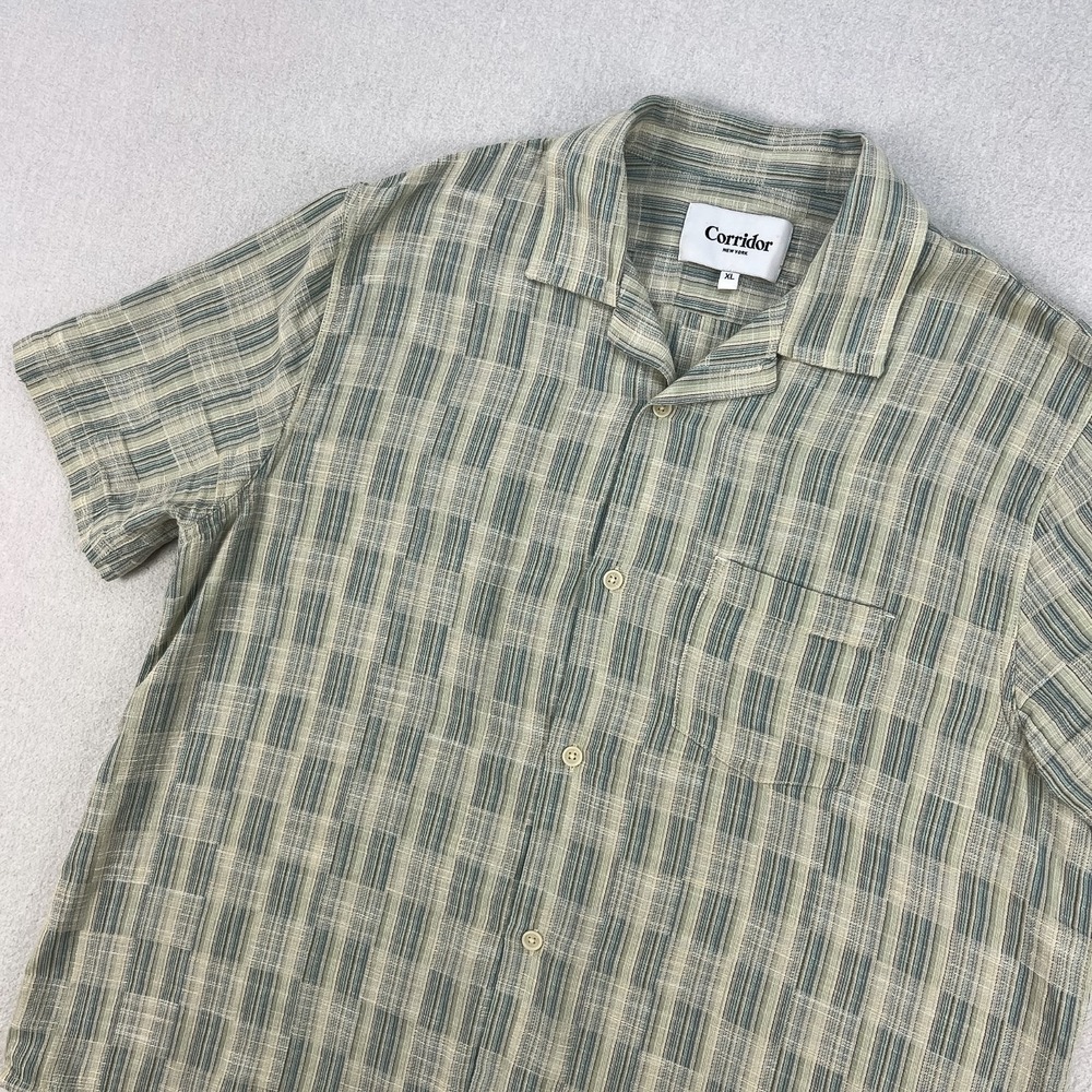 Corridor NYC Check Jacquard Short Sleeve Shirt Mens XL Blue/Beige Camp Collar